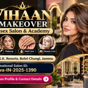 Discover the salon profile of Vihaan Makeover Unisex Salon & Academy in Jammu. Find location details, beauty service information and International Salon ID Sowa-IN-2025-1390. Vihaan Makeover Unisex Salon & Academy, Jammu | Sowa Certified | Save 20%