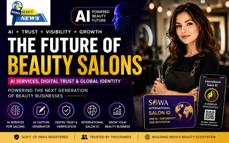 The Future of Beauty Salons featuring SOWA AI Services, AI Caption Generator, International Salon ID, digital trust, salon verification and beauty business growth solutions in India.