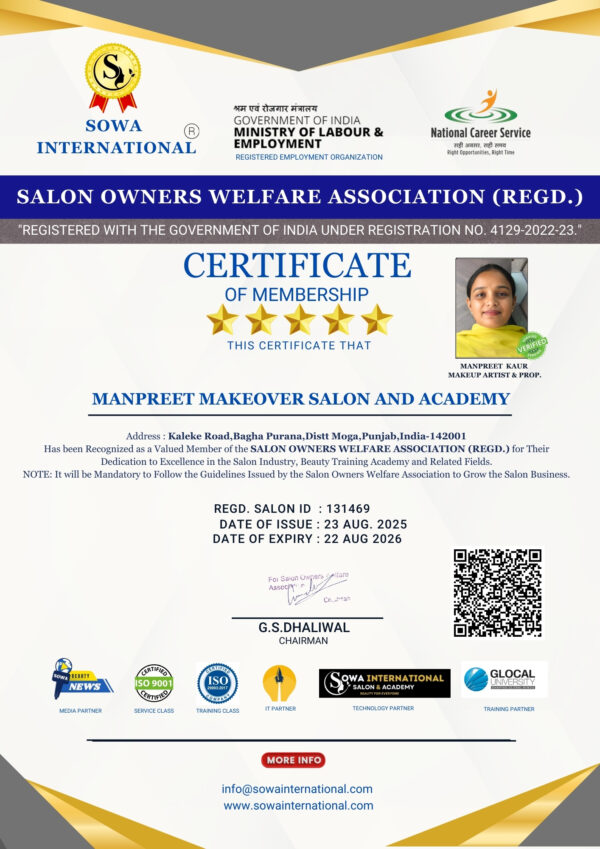 "Manpreet Makeover Salon & Academy Moga – Sowa International Membership Certificate 2025 for Indian Salon Owners"