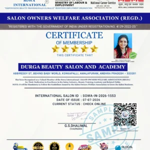 Official SOWA International Membership Certificate for Salon Membership India featuring Beauty Salon Membership, International Salon ID and Salon Registration for beauty salons, beauty parlours, makeup artists, nail artists, hair stylists and beauty academies across India.