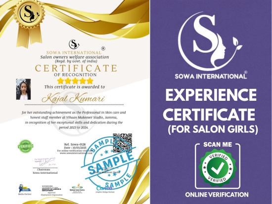 Indian Salon Girl's Sowa International Experience Certificate for Beautician Job and MSME Loan in India