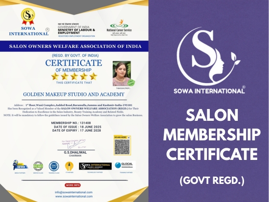 Sowa International Salon Membership Certificate for Beauticians and Beauty Parlours in India Recognised for Government Schemes and MSME Loans