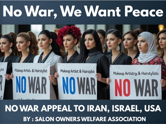 Young salon girls from Iran, Israel, and USA holding No War Appeal signs
