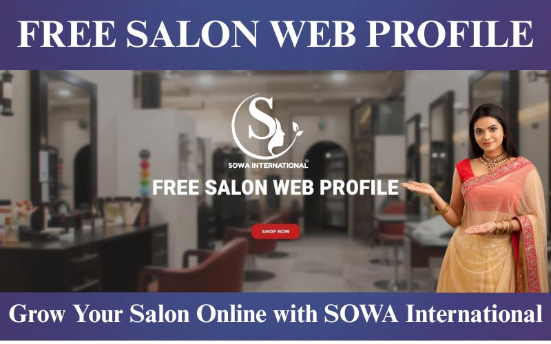 Indian young woman pointing towards “Free Salon Web Profile” text, promoting SOWA International digital profile.