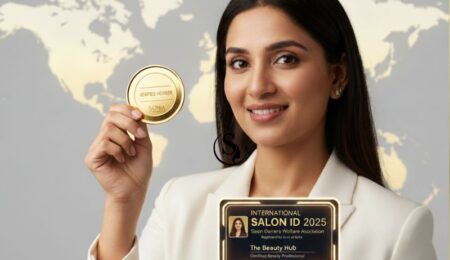 Indian salon owner receiving International Salon ID 2025 by Sowa International | Salon Owners Welfare Association Registered by Govt of India