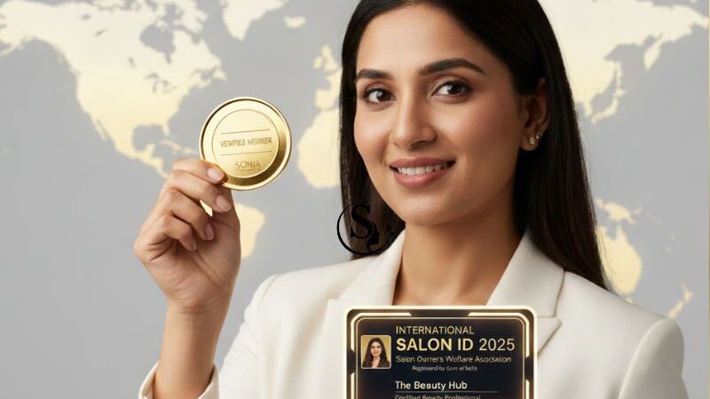 Indian salon owner receiving International Salon ID 2025 by Sowa International | Salon Owners Welfare Association Registered by Govt of India