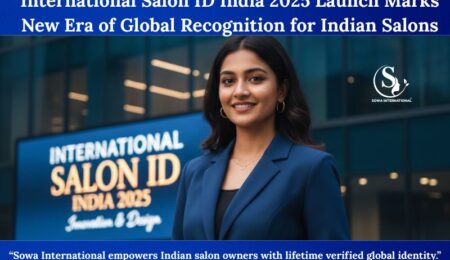 Confident young Indian woman standing outside a corporate office with International Salon ID India 2025 banner in the background, representing Sowa International global salon verification system.
