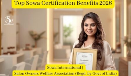 beautician celebrating Sowa Certification 2025 under Sowa International | Salon Owners Welfare Association – symbol of unity and growth.