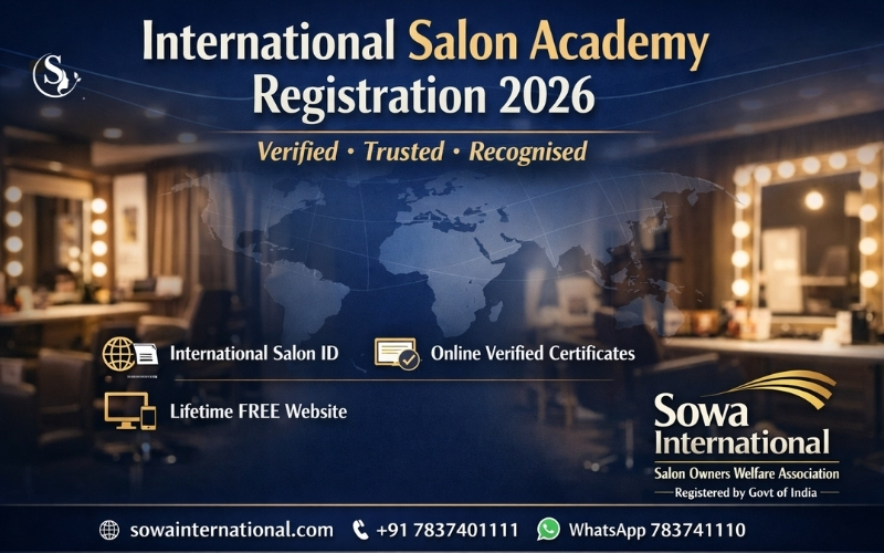 International Salon Academy Registration 2026 banner showing online verified salon and beauty student certificates, international salon ID and lifetime free website by Sowa International