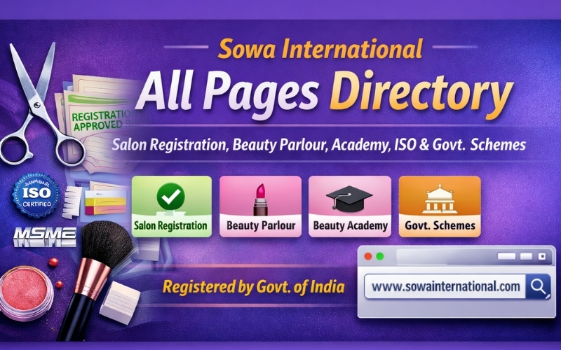 Sowa International all pages image for salon registration India, beauty parlour, academy, ISO and government schemes