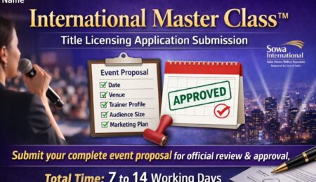 International Master Class™ legal title use banner with licensing approval concept, event documentation checklist, and official permission notice for beauty seminars in India.