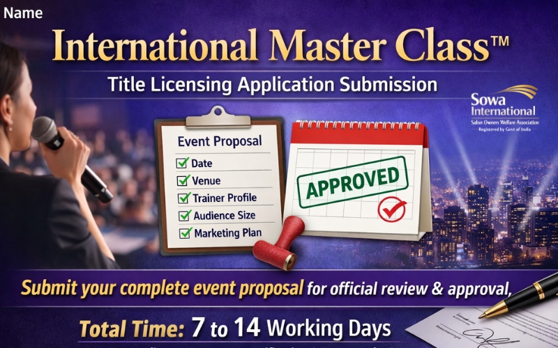 International Master Class™ legal title use banner with licensing approval concept, event documentation checklist, and official permission notice for beauty seminars in India.