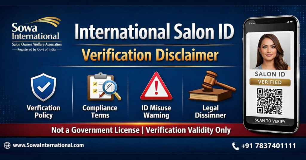 International Salon ID Verification Disclaimer banner by Sowa International with QR code and compliance icons