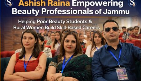 Beauty seminar Jammu Kashmir students with Ashish Raina social worker and Deepika Raina at SOWA International event promoting salon training and beauty career opportunities