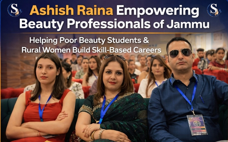 Beauty seminar Jammu Kashmir students with Ashish Raina social worker and Deepika Raina at SOWA International event promoting salon training and beauty career opportunities