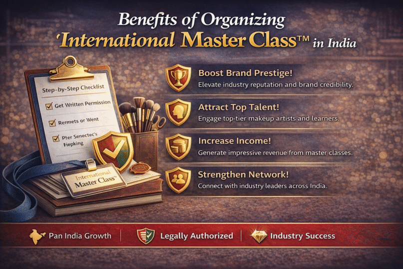 Benefits of Organizing International Master Class™ in India featured image showing brand growth, income increase, networking opportunities, and beauty seminar advantages.