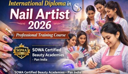 International Diploma in Nail Artist 2026 course training at SOWA Certified Beauty Academies in India showing professional nail art practice and nail extension techniques.