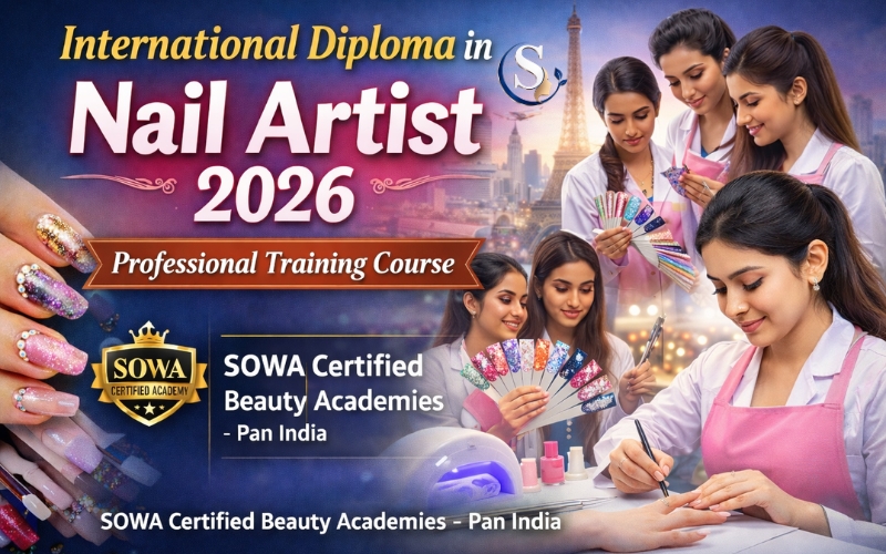 International Diploma in Nail Artist 2026 course training at SOWA Certified Beauty Academies in India showing professional nail art practice and nail extension techniques.