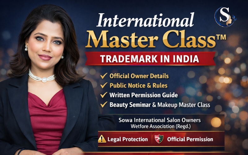 International Master Class™ Trademark India official banner with professional female makeup artist and beauty master class legal notice information.