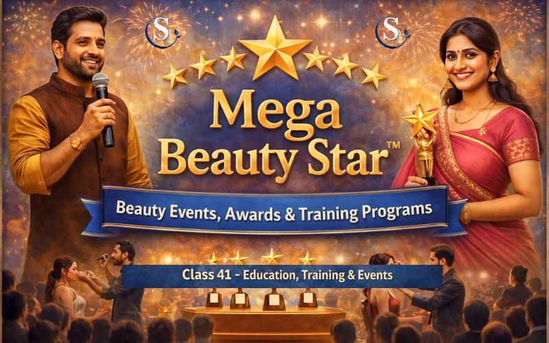 Mega Beauty Star trade mark details related to Class 41 covering beauty education training seminars and professional services in India