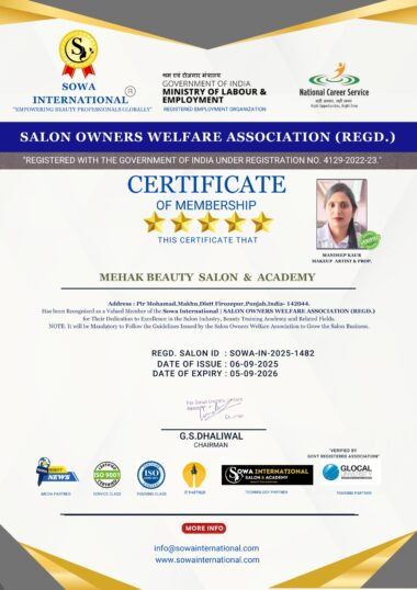 Sowa Certified Salon in Pir Mohamad Punjab certificate of Mehak Beauty Salon and Academy owned by Mandeep Kaur showing salon registration India, beauty parlour registration, Sowa International membership certificate 2025