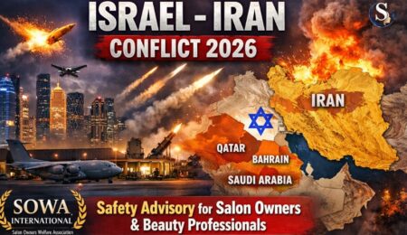 Middle East war update 2026 thumbnail featuring Iran missile reports, Qatar military base alert, Gulf countries security warning and safety message for salon owners and beauty industry professionals.