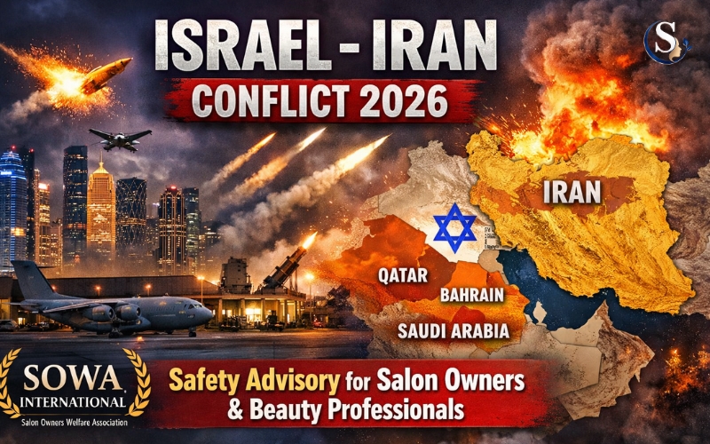 Middle East war update 2026 thumbnail featuring Iran missile reports, Qatar military base alert, Gulf countries security warning and safety message for salon owners and beauty industry professionals.