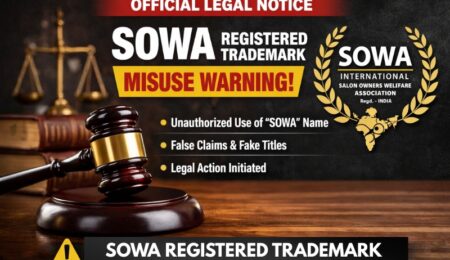 SOWA registered trademark India legal notice banner showing misuse warning, trademark violation alert, and Sowa International Salon Owners Welfare Association official announcement