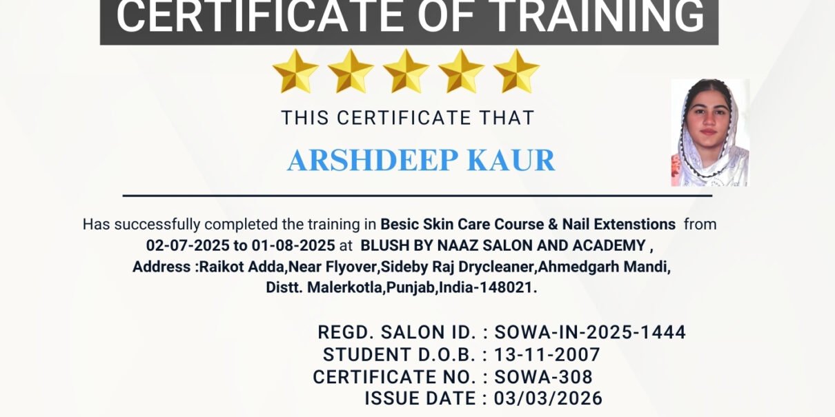 Arshdeep Kaur Student Certificate Sowa International