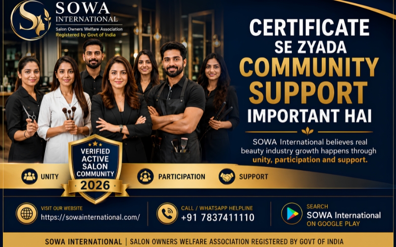 Beauty industry community India social sharing image by SOWA International for verified active salon movement 2026
