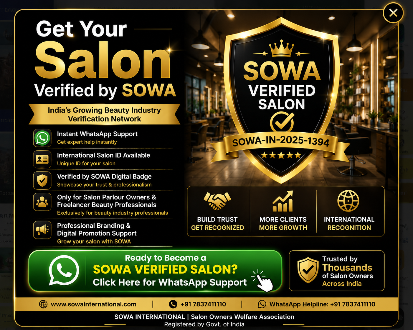 SOWA International verified salon registration India popup banner with international salon ID, beauty parlour registration, salon verification badge and beauty industry authority platform