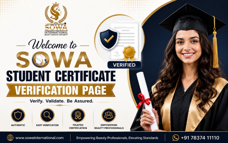 Modern SOWA Student certificate verification portal thumbnail with verified certificate badge, beauty student and trusted certification design for beauty industry professionals.
