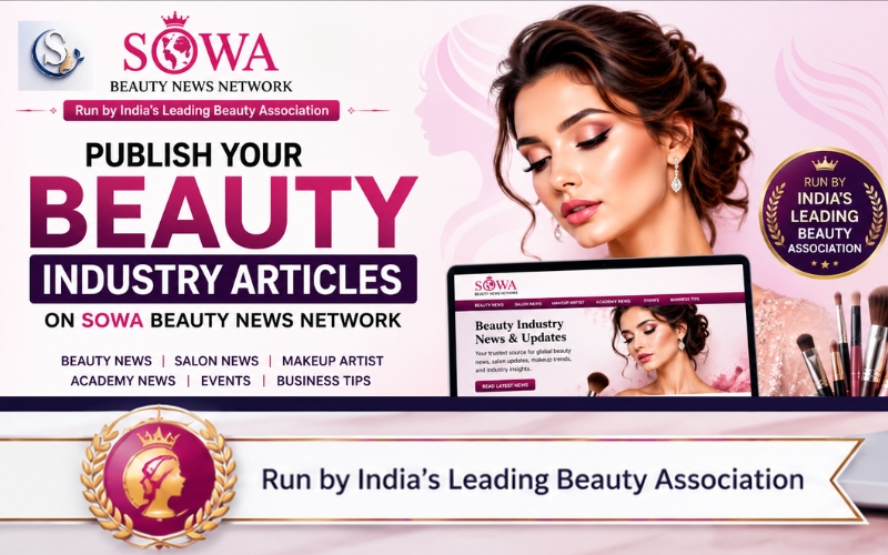 Modern beauty news portal banner showing SOWA Beauty News Network for salon owners, beauty academies and freelance makeup artists with global promotion focus.