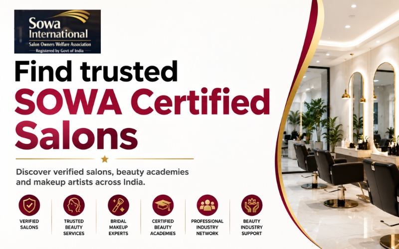 Professional SOWA Certified Salon directory banner showing verified salons, bridal makeup experts, beauty academies and salon industry support platform.