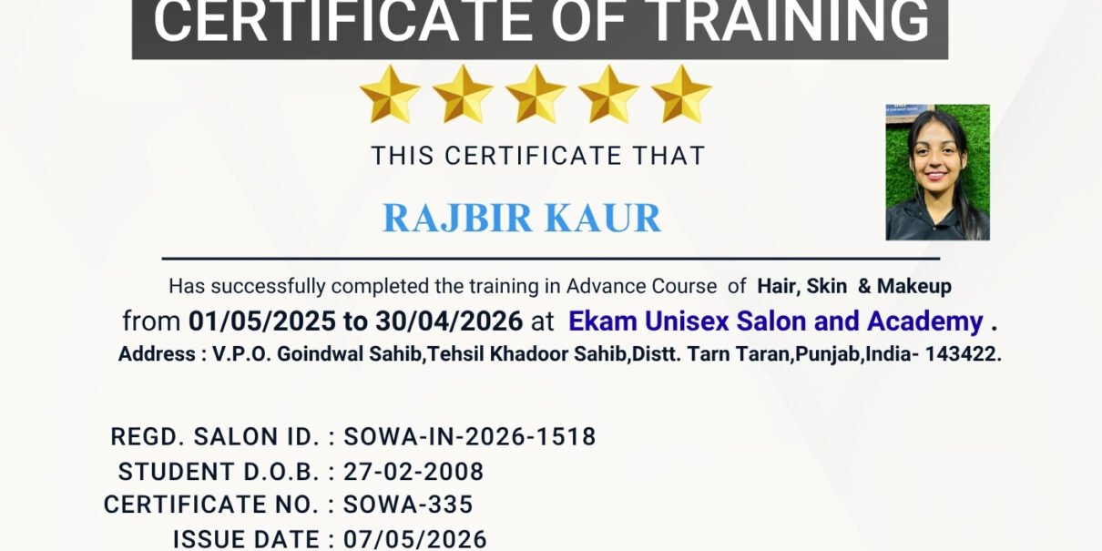 Rajbir Kaur receiving Advance Hair Skin and Makeup Training Certificate from SOWA Certified Ekam Unisex Salon and Academy Punjab India