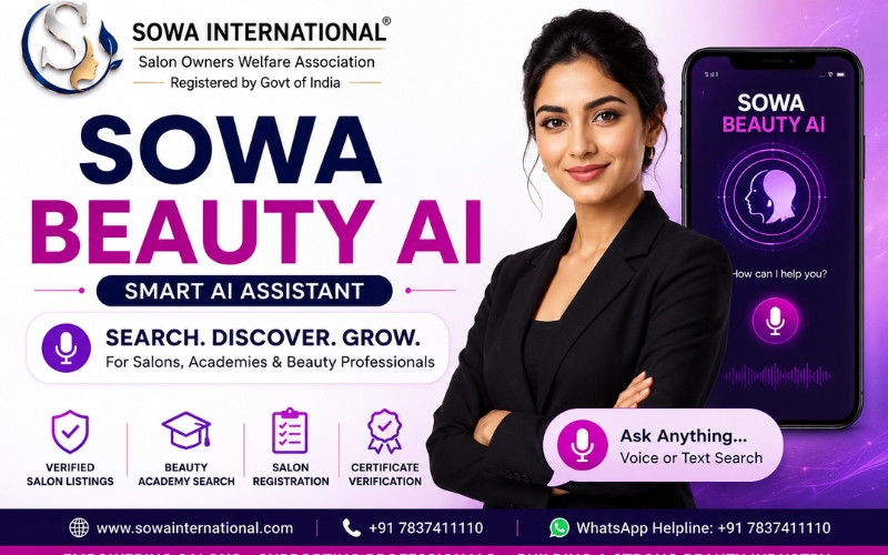 SOWA Beauty AI voice search banner for verified salons, beauty academy India, salon registration guidance and certificate verification search