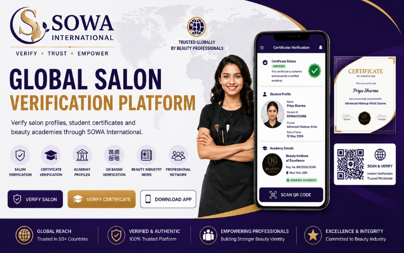 SOWA International global salon verification platform thumbnail with certificate verification and beauty academy profiles