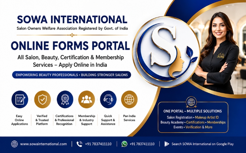 SOWA International beauty and salon services online application portal banner with salon certification, membership and makeup artist registration India