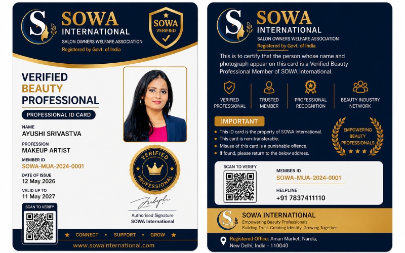 Premium verified beauty professional identity card for makeup artists, beauticians, salon owners and freelance beauty professionals in India.