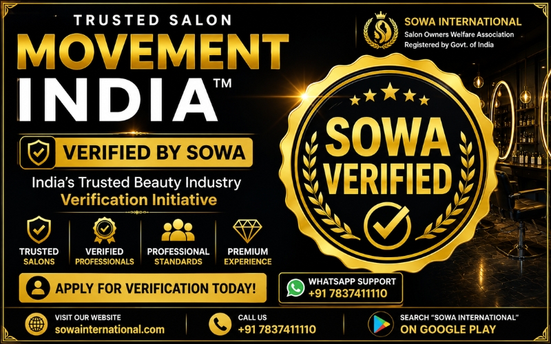 Verified by SOWA luxury salon verification poster with trusted salon India, beauty academy India and salon registration India branding.