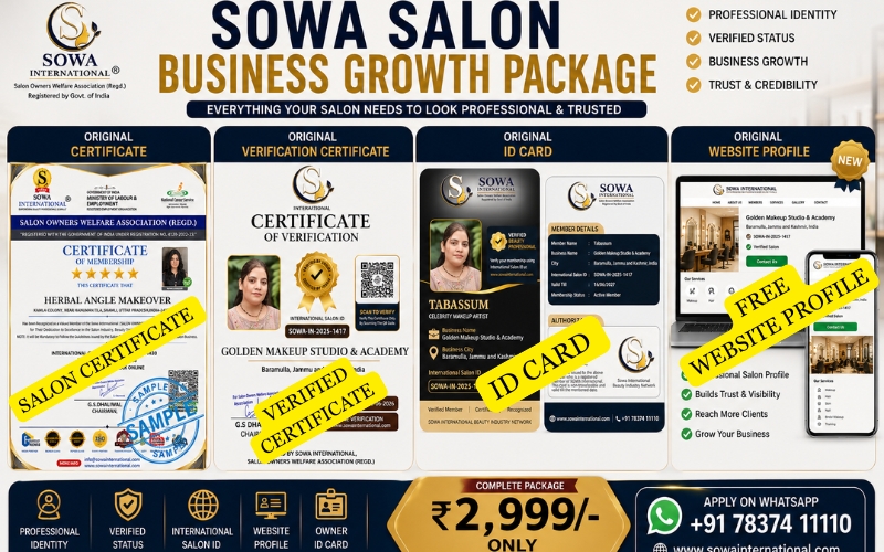 International Salon ID Card issued by SOWA International displaying verified beauty professional details, salon information and unique International Salon ID for salon owners in India.