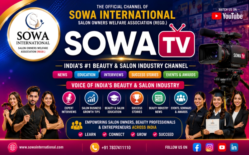 SOWA TV YouTube channel promotional thumbnail showcasing India's number one beauty and salon industry channel with beauty industry news, salon education, interviews, salon business growth tips, events, awards, and success stories powered by SOWA International.