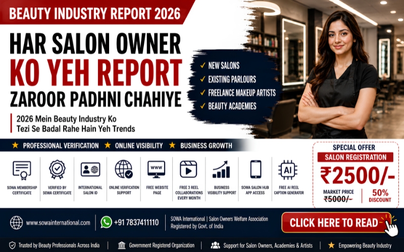 Salon registration India promotional thumbnail featuring professional salon owner, membership certificate, verified certificate, international salon ID and beauty business support services.
