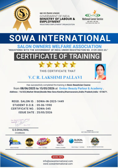 V.C.R. Lakshmi Pallavi Basic Beautician Course Training Certificate from Omkar Beauty Parlour & Academy Dharmavaram Andhra Pradesh | SOWA Certified Salon | International Salon ID SOWA-IN-2025-1449 | Beautician Course Certificate India