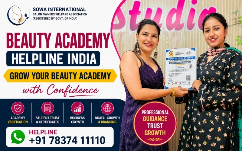 Beauty Academy India banner featuring two beauty academy professionals receiving a SOWA International training certificate with Beauty Academy Helpline India, academy verification, student trust, business growth, and digital branding support.