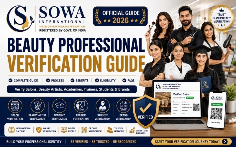 Beauty Professional Verification platform banner featuring SOWA International, verified salon profile, beauty professionals, QR code verification, International Salon ID, digital verification system, and beauty industry verification services.