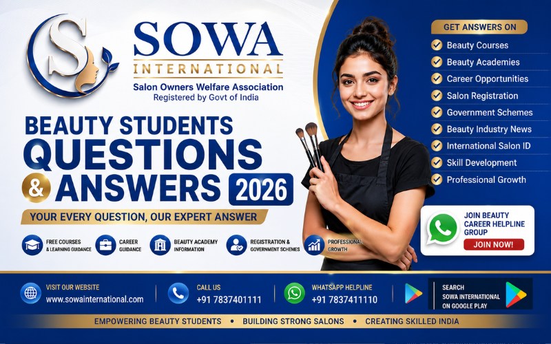 Professional SOWA International banner for Beauty Students Questions and Answers featuring beauty courses, career guidance, beauty academy India, salon registration, beauty industry news and skill development programs.