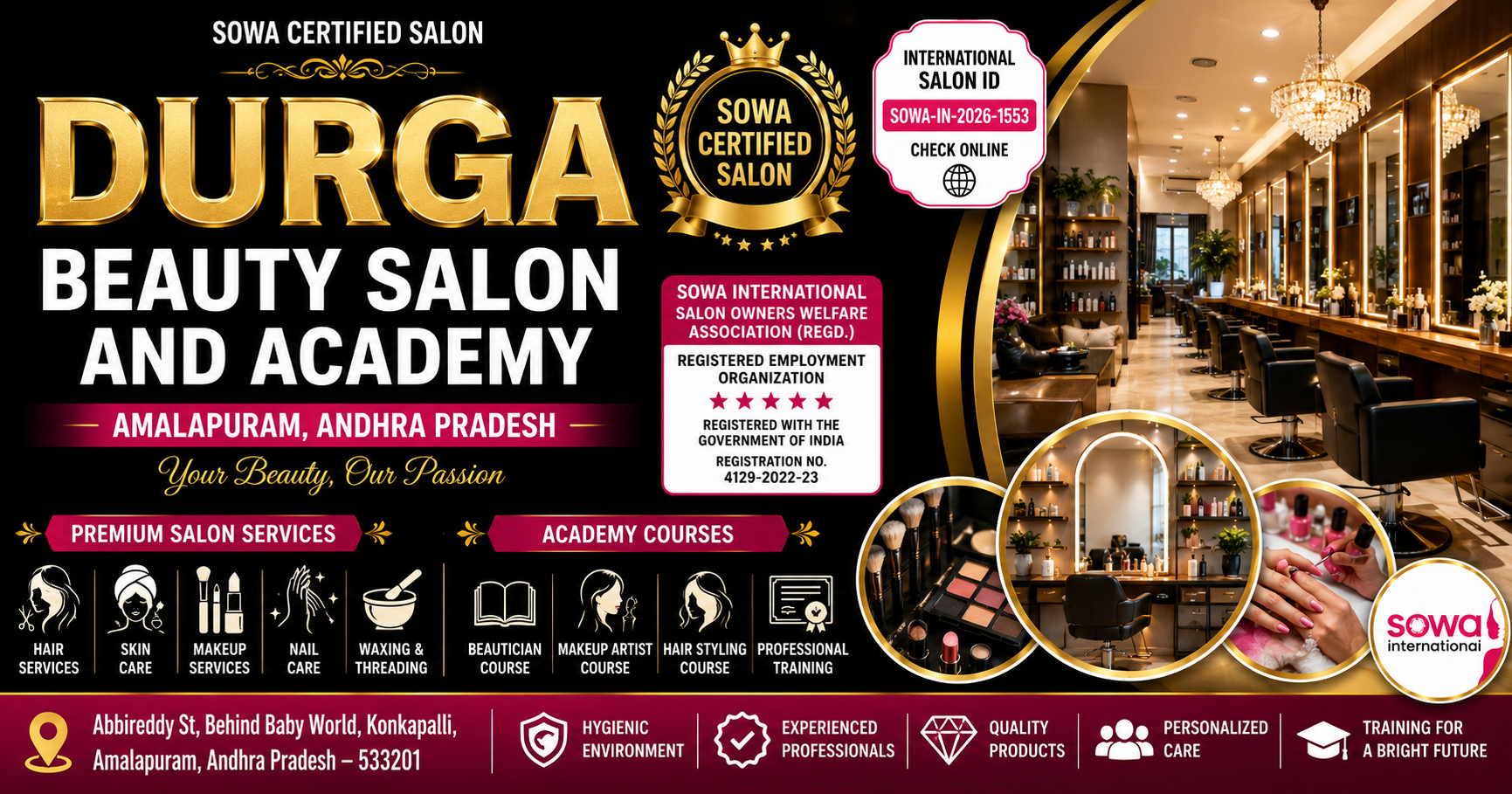 Durga Beauty Salon and Academy Amalapuram | Best Beauty Salon & Beauty Academy | SOWA Certified