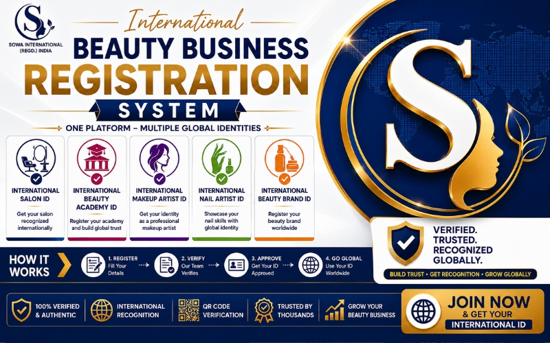 International Beauty Business Registration System dashboard showing International Salon ID, Beauty Academy ID, Makeup Artist ID, Nail Artist ID, Beauty Brand ID, online verification, QR code authentication, and global beauty business registration platform.