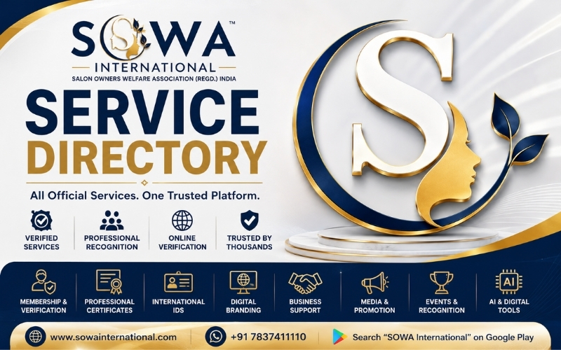 Official SOWA International Service Directory banner with membership, professional certificates, International IDs, digital branding, business support and AI services for the beauty industry.